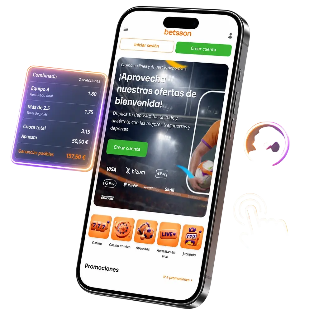 Guía visual para hacer una apuesta en la app de Betsson: elige evento, resultado, cuota e importe.