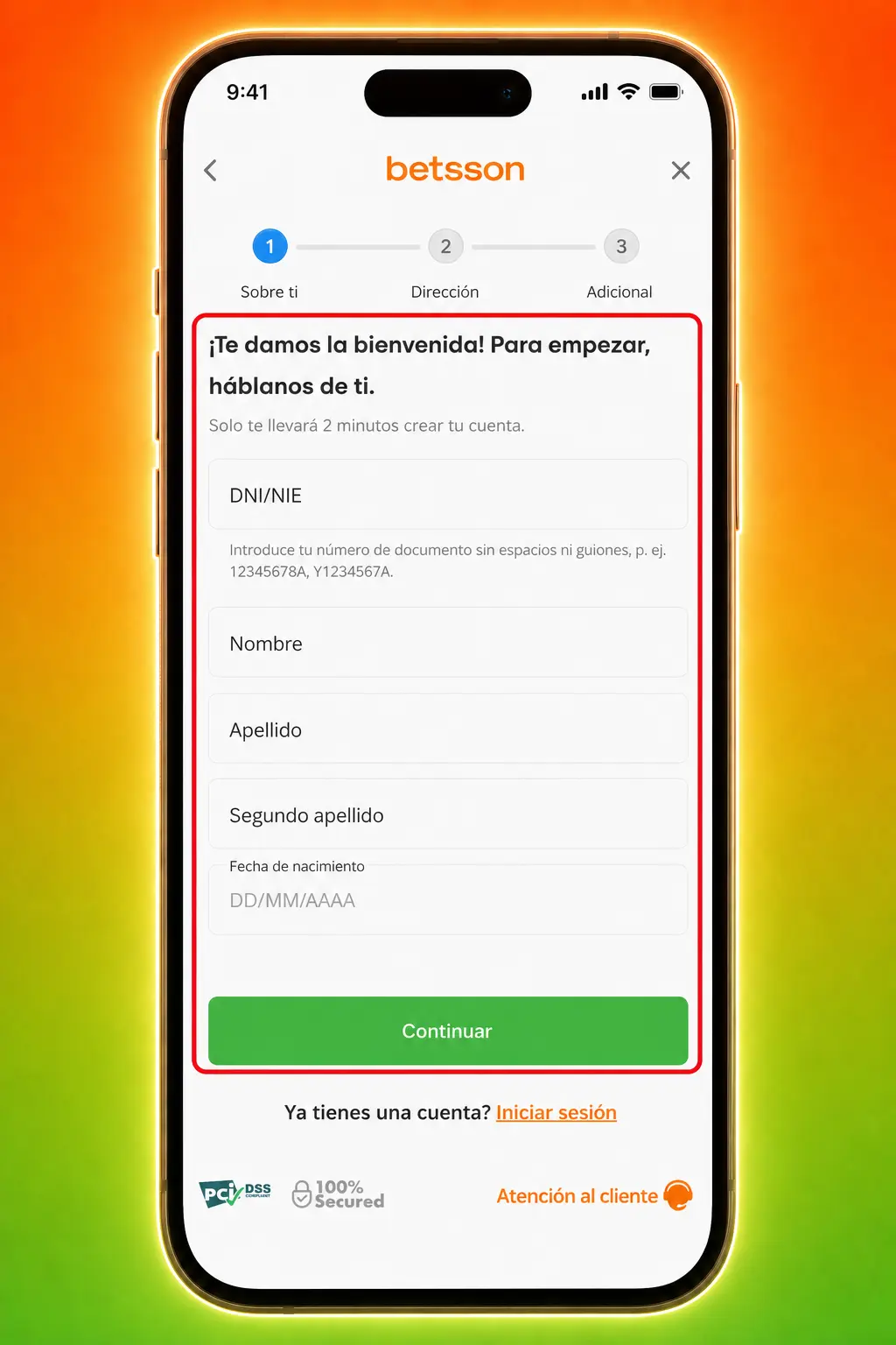 Pasos para registrarse en Betsson: formulario de alta, datos personales, contraseña segura y verificación por código SMS.