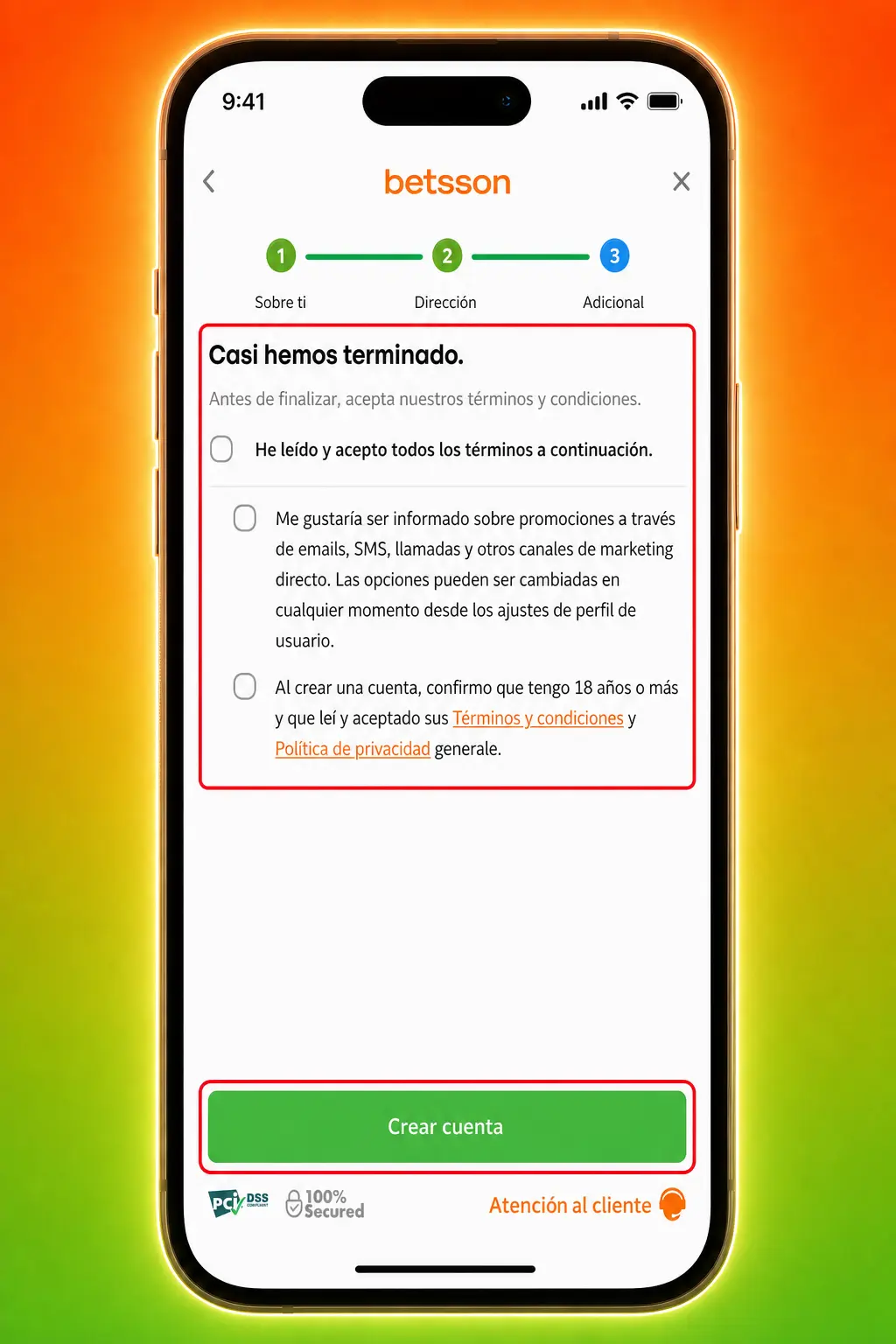 Pasos para registrarte en Betsson: formulario, datos personales, contraseña y verificación por SMS para activar la cuenta.