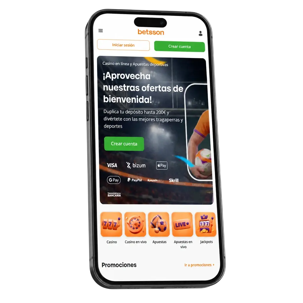 Interfaz de la app de Betsson con pestañas de casino y apuestas deportivas, menú inferior y acceso rápido a promociones.